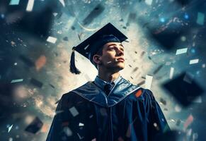 Ai generative Double exposure photo of Young man throwing graduation cap technology background realistic image