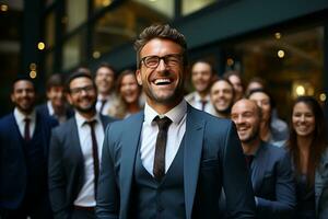 ai generativo grupo de contento negocio hombre y negocio mujer, vestido en trajes son sonriente, en el oficina foto