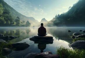 ai generative photo of a man practicing mindfulness and meditation in a peaceful natural environment sony A7s realistic image, ultra hd, high design very detailed