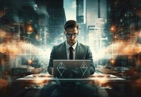 Ai Generative double exposure photo of a business man using laptop on his desk front view office background