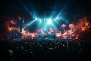 Ai generative Crowded Concert Stage Scenery With Spotlights and Colored Lights realistic image, ultra hd photo