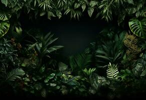 Ai Generative Beautiful jungle background with border made of tropical leaves backdrop with copy space photo