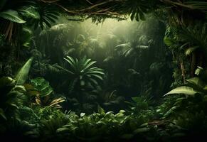 Beautiful jungle background with border made of tropical leaves backdrop with copy space photo