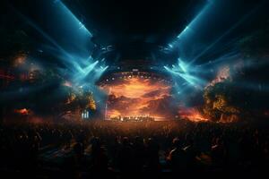 Ai generative Crowded Concert Stage Scenery With Spotlights and Colored Lights realistic image, ultra hd photo