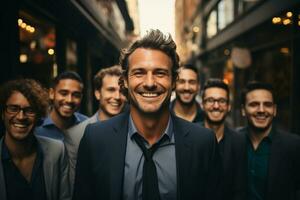 ai generativo grupo de contento negocio hombre y negocio mujer, vestido en trajes son sonriente, en el oficina foto