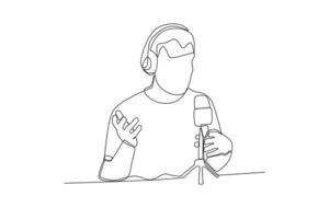 One continuous line drawing of man sharing story by recording podcast vector