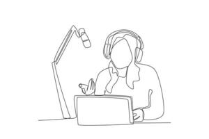 uno continuo línea dibujo de mujer es preguntando su podcast compañero vector