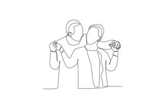 Single continuous line drawing a grandpa and grandma couple are joking vector