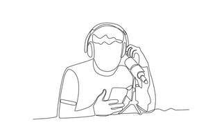 One continuous line drawing of man is recording podcast vector