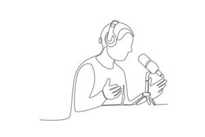 One continuous line drawing of woman telling a story while recording a podcast vector
