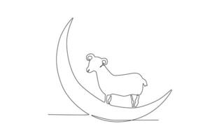 One continuous line drawing of goat over moon eid al adha concept vector