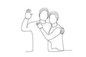 Single continuous line drawing a pair of grandparents greeting relatives vector