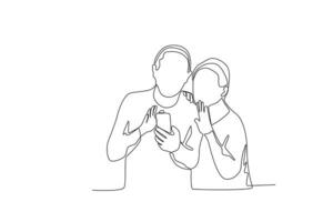 Single continuous line drawing a Grandparents couple on video call via mobile phone vector