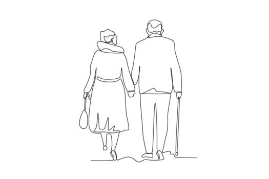 soltero continuo línea dibujo un par de abuelos caminando en el parque vector