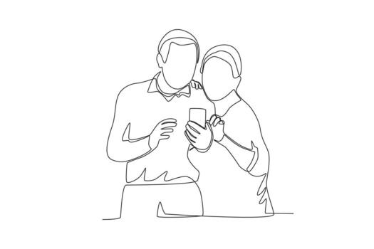soltero continuo línea dibujo un abuelo y abuela Pareja mirando a móvil teléfono vector