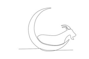 One continuous line drawing of goat over moon eid al adha concept vector