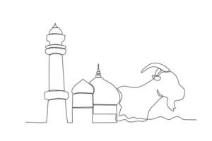 One continuous line drawing of mosque and goat eid al adha concept vector