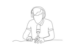 One continuous line drawing of man is preparing to record a podcast vector