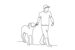 One continuous line drawing of man carrying qurban goat eid al adha concept vector