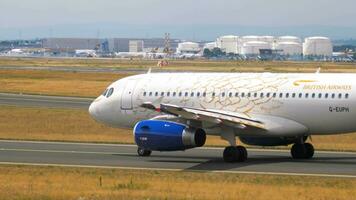 FRANKFURT AM MAIN, GERMANY SEPTEMBER 4, 2015 - British Airways Airbus A319 G EUPH flight BAW905U to London LHR taxiing before departure to runway 18. Unofficial spotting in Fraport on Sep. 4, 2015 video