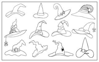 Set of Halloween hats. Cartoon witch, magician and wizard hats or caps. Fantasy character costume elements with spider webs, buckles and bows for coloring books vector