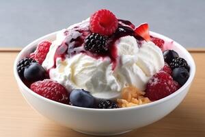 hyper realistic quality of patbingsu Korean shaved ice dessert AI Generated photo