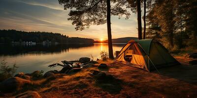 ai generado. ai generativo. cámping relajación hora tienda a lago hermosa paisaje antecedentes. aventuras vacaciones canotaje tiempo. gráfico Arte foto