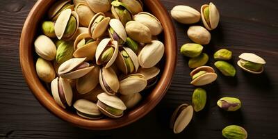 AI Generated. AI Generative. pistachio  nuts in bowl in wooden table. Healthy vegan organic food. Graphic Art photo