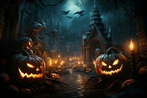 Halloween background with pumpkins and haunted house - 3D render. Halloween background photo