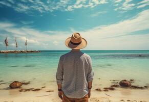 Ai generative back view young tourist man in summer dress and hat standing on beautiful sandy beach. enjoying. photo