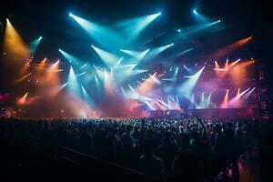 Ai generative Crowded Concert Stage Scenery With Spotlights and Colored Lights realistic image, ultra hd photo