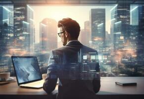 Ai generative double exposure photo of a business man using laptop on his desk front view office background realistic image, ultra hd, high design very detailed