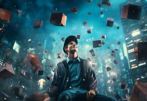 Ai generative Double exposure photo of Young man throwing graduation cap technology background realistic image