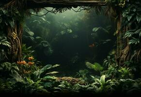 Ai Generative Beautiful jungle background with border made of tropical leaves backdrop with copy space photo