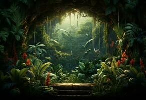 Ai Generative Beautiful jungle background with border made of tropical leaves backdrop with copy space photo