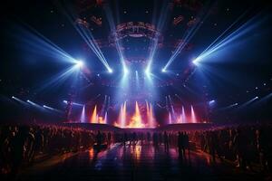 Ai generative Crowded Concert Stage Scenery With Spotlights and Colored Lights realistic image, ultra hd photo