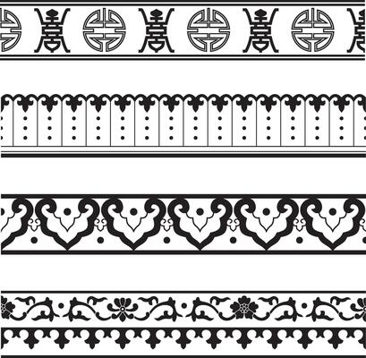 Vector set of monochrome Chinese national ornaments, borders. Asian seamless, endless pattern