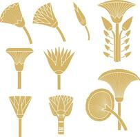 Vector gold monochrome set of ancient Egyptian signs and symbols. Lotus flower.