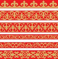 Set of vector gold and red seamless Kazakh national ornament. Ethnic pattern of the nomadic peoples of the great steppe, the Turks. Border, frame Mongols, Kyrgyz, Buryats, Kalmyks