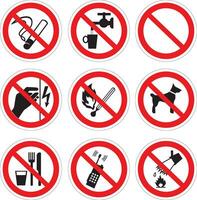 Vector set of red crossed out prohibition signs. electricity, dogs, smoking, matches, fire, food, telephone