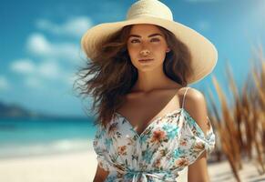 Ai generative young tourist woman in summer dress and hat standing on beautiful sandy beach. Cute girl enjoying photo