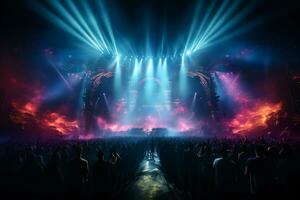 Ai generative Crowded Concert Stage Scenery With Spotlights and Colored Lights realistic image, ultra hd photo