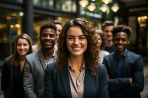 Ai Generative group of happy business man and business women, dressed in suits are smiling, in the office photo