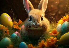 Ai generative photo happy bunny with many easter eggs on grass festive background for decorative design