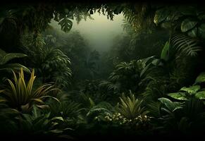 Ai Generative Beautiful jungle background with border made of tropical leaves backdrop with copy space photo