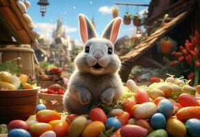 Ai generative photo happy bunny with many easter eggs on grass festive background for decorative design