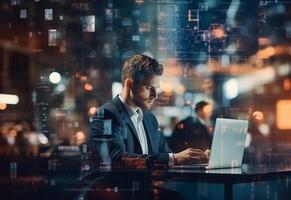 Ai generative double exposure photo of a business man using laptop on his desk front view office background realistic image, ultra hd, high design very detailed