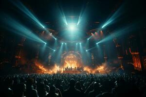 Ai generative Crowded Concert Stage Scenery With Spotlights and Colored Lights realistic image, ultra hd photo