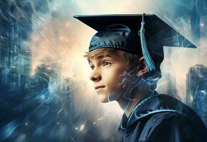 Ai generated Double exposure photo of Young man with graduation cap technology background realistic image