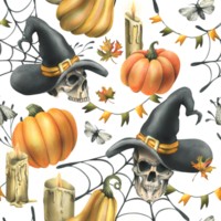 Human skulls in a black witch hat, orange pumpkins, cobwebs, candles and autumn maple leaves. Hand drawn watercolor illustration for Halloween. Seamless pattern png